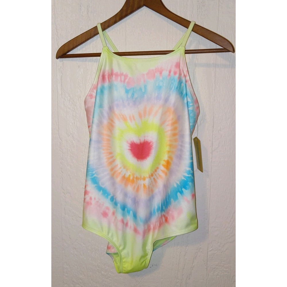 Thereabouts Swimsuit Girls XL 16 Multi Color Tie Dye Heart Strappy Back NWT